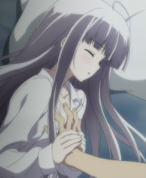 Rule 34 | 10s, 1girl, absolute duo, bed, grabbing another&#039;s breast, closed eyes, from side, grabbing, highres, long hair, pajamas, pillow, screencap, silver hair, yurie sigtuna
