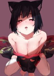 Rule 34 | 1girl, absurdres, animal ear fluff, animal ears, azur lane, bare shoulders, black hair, breasts, cleavage, cotton kanzaki, full body, heart, heart-shaped pupils, highres, japanese clothes, kimono, large breasts, off shoulder, open mouth, short hair, solo, symbol-shaped pupils, thighhighs, white thighhighs, yamashiro (azur lane)