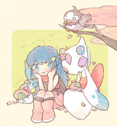 Rule 34 | 1girl, black footwear, black tank top, blue eyes, blue hair, boots, branch, cherry blossoms, closed mouth, creatures (company), dawn (pokemon), froslass, game freak, gen 4 pokemon, hair ornament, hands on own face, hands up, katiko, kneehighs, long hair, miniskirt, nintendo, no nose, pachirisu, petals, pink footwear, pink skirt, pokemon, pokemon (creature), pokemon dppt, red scarf, scarf, sitting, skirt, smile, socks, starly, tank top