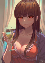Rule 34 | 1girl, alcohol, blunt bangs, blush, breasts, brown hair, cleavage, closed mouth, collarbone, commentary request, cup, curtains, drink, drinking glass, eyelashes, frills, glint, highres, holding, holding cup, idolmaster, idolmaster cinderella girls, idolmaster cinderella girls starlight stage, indoors, kurokawa chiaki, large breasts, long sleeves, looking at viewer, open clothes, pink lips, red eyes, shoukichi (shony), sidelocks, signature, smile, solo, upper body, window