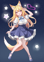 Rule 34 | 1girl, absurdres, animal ears, blonde hair, blue bow, blue bowtie, blue dress, blue footwear, bow, bowtie, dot nose, dress, fox ears, fox girl, fox tail, frilled dress, frills, full body, heart, highres, long hair, looking at viewer, open mouth, original, puffy short sleeves, puffy sleeves, red eyes, short sleeves, sky, solo, star (sky), star (symbol), starry sky, tail, two-tone dress, uma (uma mohumohu), v, white dress, wrist cuffs