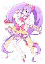 Rule 34 | 1girl, blue eyes, dress, food, looking at viewer, manaka laala, moa (21energy12), pizza, pretty series, purple hair, simple background, solo, thighhighs, twintails, twitter, v, white background, white thighhighs