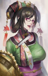 Rule 34 | 1girl, black-framed eyewear, black hair, breasts, chinese clothes, commentary request, glasses, hair ornament, hair rings, head tilt, large breasts, lipstick, looking at viewer, makeup, mole, mole under mouth, obi, parted lips, phamoz, purple eyes, samurai spirits, sash, solo, tassel, updo, wu-ruixiang