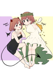 Rule 34 | 2girls, angel, angel and devil, angel wings, arms behind back, bare legs, barefoot, black dress, black wings, blush, bob cut, breasts, brown hair, cleavage, demon girl, demon tail, demon wings, detached wings, dress, dual persona, elbow gloves, english text, fe rune, floating, flower, frilled dress, frills, full body, gloves, halter dress, halterneck, head wreath, high-low skirt, highres, horns, knee up, looking at viewer, medium breasts, multiple girls, pencil dress, protagonist (tokimemo gs3), purple background, red horns, short hair, sleeveless, sleeveless dress, smirk, tail, tokimeki memorial, tokimeki memorial girl&#039;s side 3rd story, white background, white dress, white gloves, white wings, wings, yellow background, yellow flower