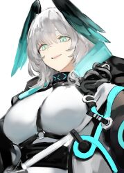 Rule 34 | 1girl, aqua eyes, aqua wings, arknights, between breasts, black jacket, breasts, coat, commentary, english commentary, gnai, head wings, ho&#039;olheyak (arknights), infection monitor (arknights), jacket, large breasts, looking at viewer, looking down, open clothes, open coat, open mouth, shirt, slit pupils, smile, solo, strap between breasts, upper body, white hair, white shirt, wings