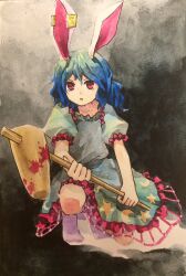 Rule 34 | 1girl, ambiguous red liquid, animal ears, blue dress, blue hair, commentary request, crescent print, dress, earclip, flat chest, frilled dress, frilled sleeves, frills, highres, holding, holding mallet, kaigen 1025, kine, mallet, medium hair, on one knee, open mouth, painting (medium), pink eyes, puffy short sleeves, puffy sleeves, rabbit ears, rabbit girl, seiran (touhou), short sleeves, solo, star (symbol), star print, touhou, traditional media, watercolor (medium)