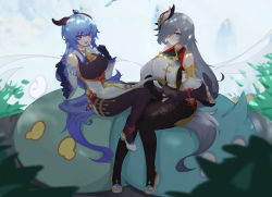Rule 34 | 2girls, absurdres, black gloves, blue eyes, blue hair, bodystocking, breast cutout, clothing cutout, detached sleeves, ganyu (genshin impact), genshin impact, gloves, hair over one eye, high heels, highres, holding another&#039;s leg, horns, long hair, looking at viewer, multiple girls, nore (user mejp8875), one eye covered, open mouth, purple eyes, removing shoes, shenhe (genshin impact), shoulder cutout, skirt, white skirt