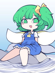 Rule 34 | 1girl, ascot, barefoot, blue dress, blush stickers, chahan (fried rice0614), collared shirt, daiyousei, dress, fairy, fairy wings, green eyes, green hair, highres, long hair, one-hour drawing challenge, open mouth, shirt, short sleeves, side ponytail, smile, solo, touhou, white shirt, wings, yellow ascot