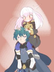 Rule 34 | 1boy, 1girl, abujun25898, armor, blush, byleth (fire emblem), byleth (male) (fire emblem), cape, fire emblem, fire emblem: three houses, garreg mach monastery uniform, hand on another&#039;s head, height difference, highres, holding, long hair, long sleeves, lysithea von ordelia, nintendo, pink background, pink eyes, short hair, sidelocks, simple background, sitting on shoulder, sitting on shoulders, uniform, white hair