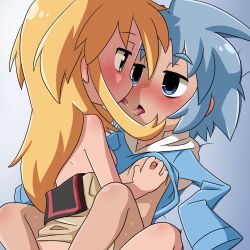 Rule 34 | 100 percent orange juice, 2girls, after kiss, amputee, blonde hair, blue eyes, blue hair, blush, grabbing another&#039;s breast, breasts, clothes lift, coffgirl, french kiss, grabbing, green eyes, kiss, long hair, medium hair, multiple girls, nath (orange juice), nipples, open mouth, saliva, saliva trail, shirt lift, sora (orange juice), suguri, sweat, tongue, tongue out, yuri
