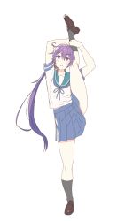 Rule 34 | 1girl, akebono (kancolle), arms up, bell, black socks, blue skirt, commentary request, flexible, full body, hair bell, hair ornament, highres, kantai collection, kneehighs, leg up, loafers, long hair, midriff peek, neck ribbon, one side up, pleated skirt, purple eyes, purple hair, ribbon, sailor collar, school uniform, serafuku, shoes, simple background, skirt, socks, solo, split, standing, standing on one leg, standing split, very long hair, white background, yuuji (and)
