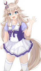 Rule 34 | 1girl, absurdres, animal ears, bow, bowtie, closed mouth, cowboy shot, green eyes, grey hair, hand up, highres, horse ears, horse girl, horse tail, kudo (user dzch8572), long hair, looking at viewer, pleated skirt, puffy short sleeves, puffy sleeves, purple shirt, sailor collar, school uniform, shirt, short sleeves, simple background, skirt, smile, solo, tail, thick eyebrows, tracen school uniform, umamusume, waving, white background, white skirt, wonder acute (umamusume)