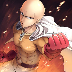 Rule 34 | 1boy, abs, bald, belt, black eyes, cape, clenched hand, embers, fire, foreshortening, gloves, hoshiyoruno, male focus, one-punch man, saitama (one-punch man), serious, skin tight, solo