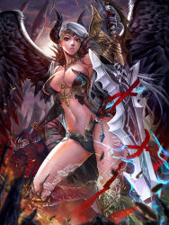Rule 34 | 1girl, black wings, blurry, bracelet, breasts, center opening, collarbone, contrapposto, covered erect nipples, depth of field, dual wielding, grey hair, highres, holding, holding sword, holding weapon, horns, huge weapon, jewelry, kenshjn park, large breasts, long hair, looking at viewer, midriff, navel, necklace, orange eyes, original, outdoors, red eyes, red ribbon, revealing clothes, ribbon, solo, standing, sunlight, sword, very long hair, weapon, white hair, wings