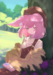 Rule 34 | 1girl, animal ear fluff, animal ears, beret, blue archive, blush, brown hat, brown overalls, cheenack, day, digital media player, flower, fox ears, hat, highres, jacket, long sleeves, niko (blue archive), open clothes, open jacket, outdoors, overalls, parted lips, pink hair, purple flower, shirt, short hair, sleeping, solo, tree, white shirt, yellow jacket