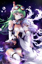 Rule 34 | 2girls, bare back, bare shoulders, belt, blunt bangs, breasts, brown eyes, bubble, choker, cleavage, crystal, elbow gloves, fractal, gloves, goggles, goggles on head, green hair, highres, horns, ice, interlocked fingers, long hair, long sleeves, low twintails, multiple girls, navel, original, parted lips, shorts, silver hair, sitting, sky, smile, squchan, star (sky), starry sky, stomach, striped, thighhighs, twintails, vertical stripes, very long hair, white gloves, white legwear, wide sleeves, zettai ryouiki