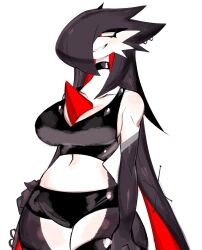Rule 34 | 1girl, bare shoulders, black choker, black hair, black shorts, black tank top, black thighhighs, breasts, choker, collarbone, colored inner hair, colored skin, cowboy shot, creatures (company), game freak, gardevoir, gen 3 pokemon, goth fashion, grin, hair over one eye, highres, large breasts, micro shorts, midriff, multicolored hair, navel, nintendo, piercing, pokemon, pokemon (creature), red eyes, red hair, shorts, simple background, smile, solo, standing, tank top, thighhighs, usa37107692, white background, white skin