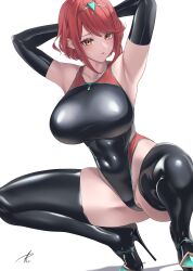 Rule 34 | absurdres, armpits, arms up, black gloves, black one-piece swimsuit, black thighhighs, blush, breasts, collarbone, commentary request, commission, competition swimsuit, covered navel, earrings, elbow gloves, gloves, hair ornament, high heels, highleg, highres, jewelry, large breasts, latex, looking at viewer, one-piece swimsuit, orange eyes, parted lips, pixiv commission, pyra (xenoblade), red hair, short hair, signature, simple background, skin tight, solo, spread legs, squatting, swimsuit, thighhighs, thighs, white background, xenoblade chronicles (series), xenoblade chronicles 2, yabacha