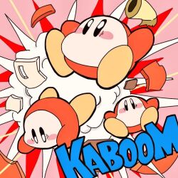 Rule 34 | arms up, blush, blush stickers, commentary request, debris, explosion, kirby (series), looking at viewer, nintendo, no humans, outstretched arms, pink background, satojoyu, simple background, sound effects, waddle dee, wide-eyed