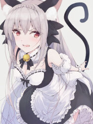 Rule 34 | 1girl, alternate costume, animal ear fluff, animal ears, apron, arm behind back, bare shoulders, bell, black bow, black dress, black ribbon, blush, bow, braid, breasts, cat ears, cat tail, choker, cleavage, coffee1223, colored eyelashes, commentary, cowboy shot, crown braid, detached collar, detached sleeves, dress, embarrassed, enmaided, eyes visible through hair, frilled apron, frilled choker, frilled dress, frilled sleeves, frills, frown, grey background, grey hair, hair between eyes, hair bow, hair intakes, highres, jingle bell, leaning forward, long hair, looking at viewer, maid, maid apron, neck bell, neck ribbon, nose blush, open mouth, puffy short sleeves, puffy sleeves, red eyes, ribbon, ribbon-trimmed choker, sakurakouji luna, short dress, short sleeves, simple background, sleeveless, sleeveless dress, small breasts, solo, standing, straight hair, tail, tail raised, tears, tsuki ni yorisou otome no sahou, tsurime, v-shaped eyebrows, very long hair, white apron, white wrist cuffs, wrist cuffs