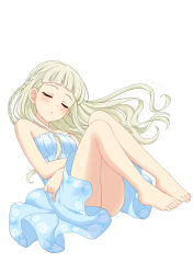 Rule 34 | 1girl, absurdres, aikatsu!, aikatsu! (series), bare arms, bare legs, bare shoulders, barefoot, blue dress, blush, braid, dress, closed eyes, floating hair, full body, highres, legs together, long hair, parted lips, sekina, side braid, simple background, sleeping, solo, todo yurika, white background