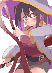 Rule 34 | 1girl, :/, adapted costume, belt, black belt, black hair, black skirt, blush, brown eyes, coat, commentary, cowboy shot, dot nose, frown, hair between eyes, hat, hatafuta, long sleeves, looking at viewer, miniskirt, multicolored hair, onii-chan wa oshimai!, oversized object, oyama mihari, pencil skirt, purple hair, red shirt, scissors, shirt, simple background, sketch, skirt, solo, sparkle, twintails, two-tone hair, untucked shirt, white background, white coat, white hat, witch hat