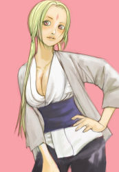 Rule 34 | 1girl, blonde hair, breasts, cleavage, facial mark, female focus, forehead mark, hand on own hip, hip focus, japanese clothes, kazaana, long hair, naruto, naruto (series), red eyes, simple background, solo, tsunade (naruto)