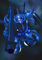 Rule 34 | absurdres, bazooka (gundam), flying, full body, glowing, glowing eye, gouf, gundam, highres, holding, holding rocket launcher, holding weapon, looking at viewer, mecha, mobile suit gundam, no humans, one-eyed, primate nemesis, robot, rocket launcher, shield, space, weapon, zeon