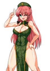 Rule 34 | 1girl, ;d, bare hips, bare legs, bare shoulders, beret, blush, braid, breasts, china dress, chinese clothes, cleavage, cleavage cutout, clothing cutout, curvy, dress, green eyes, hand on own hip, hat, highres, hip focus, hong meiling, huge breasts, large breasts, long hair, looking at viewer, n (dai n honpo), no panties, one eye closed, open mouth, pelvic curtain, red hair, shiny skin, sleeveless, smile, solo, standing, thick thighs, thighs, touhou, twin braids, v, very long hair, wide hips