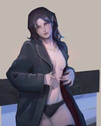 Rule 34 | 1girl, 3ts, black coat, black hair, black nails, black panties, breasts, coat, commentary, english commentary, fingernails, head tilt, highres, jewelry, looking at viewer, medium hair, nail polish, navel, necklace, open clothes, open coat, original, pale skin, panties, pointy ears, red eyes, sharp fingernails, small breasts, solo, standing, topless, underwear, vampire