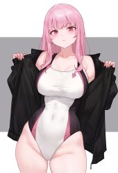Rule 34 | 1girl, absurdres, alternate costume, bare legs, black jacket, bluefield, blush, breasts, covered navel, expressionless, highres, hololive, hololive english, jacket, large breasts, long hair, looking at viewer, mori calliope, one-piece swimsuit, pink eyes, pink hair, sidelocks, solo, swimsuit, thick thighs, thighs, virtual youtuber