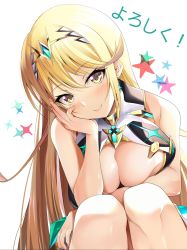 Rule 34 | 1girl, bare shoulders, blonde hair, breasts, chest jewel, cleavage, cleavage cutout, clothing cutout, daive, dress, earrings, highres, jewelry, large breasts, long hair, mythra (xenoblade), short dress, swept bangs, tiara, very long hair, white dress, xenoblade chronicles (series), xenoblade chronicles 2, yellow eyes