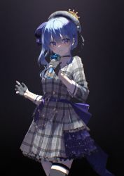 Rule 34 | 1girl, absurdres, belt, belt buckle, black background, black gloves, black thighhighs, blue bow, blue eyes, blue hair, blush, bow, bracelet, buckle, clenched teeth, cowboy shot, dress, fingerless gloves, gloves, grey dress, grey headwear, hair bow, highres, holding, holding microphone, hololive, hoshimachi suisei, hoshimachi suisei (1st costume), jewelry, long hair, long sleeves, looking at viewer, microphone, nujii, pendant, plaid, plaid dress, plaid headwear, purple belt, short dress, sidelocks, single thighhigh, solo, standing, striped, striped bow, teeth, thigh strap, thighhighs, virtual youtuber, zettai ryouiki