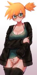 Rule 34 | 1girl, aged up, bespectacled, black jacket, blush, bottomless, bra strap, breasts, cleavage, closed mouth, collarbone, commentary request, covering privates, covering crotch, creatures (company), didd ley, game freak, glasses, green eyes, green shirt, highres, jacket, large breasts, long sleeves, looking at viewer, misty (pokemon), nintendo, no panties, open clothes, open jacket, orange hair, pokemon, pokemon (anime), pokemon (classic anime), ribbed shirt, shirt, short hair, side ponytail, solo, thighhighs