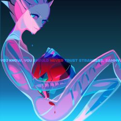 Rule 34 | 1girl, alien, blood, blue background, blue eyes, colored sclera, crying, crying with eyes open, english text, from side, gandrayda, helmet, lowres, metroid, metroid prime 3: corruption, nintendo, pink sclera, smile, solo, teardrop, tears