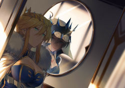 Rule 34 | 2girls, absurdres, artoria pendragon (fate), artoria pendragon (lancer) (fate), bad id, bad twitter id, blonde hair, braid, breasts, cape, cleavage, crown, dutch angle, fate/grand order, fate (series), french braid, fur-trimmed cape, fur trim, green eyes, hair between eyes, highres, large breasts, medium breasts, mirror, morgan le fay (fate), multicolored hair, multiple girls, parted lips, red lips, siblings, sisters, smile, upper body, veil, yorukun