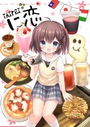 Rule 34 | 1girl, :d, bad id, bad twitter id, black necktie, blouse, blue eyes, blue skirt, blush, brown hair, camera, character request, drinking straw, food, fruit, highres, italian flag, japanese flag, looking at viewer, necktie, okonomiyaki, open mouth, original, parfait, pizza, plaid, plaid skirt, school uniform, shiodome oji, shirt, short hair, short twintails, sitting, skirt, smile, solo, spoon, strawberry, sweater vest, twintails, white shirt