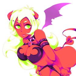 Rule 34 | 10s, 1girl, ass, breasts, cleavage, colored skin, demon girl, demon horns, demon tail, green eyes, green hair, horns, panty &amp; stocking with garterbelt, red skin, scanty (psg), smile, demon girl, tail, undressing, wings