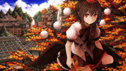 Rule 34 | 1girl, akaiha (akaihagusk), architecture, bad id, bad pixiv id, black wings, brown hair, building, cloud, day, east asian architecture, hat, in tree, leaf, leaf print, looking at viewer, maple leaf, pointy ears, pom pom (clothes), puffy sleeves, red eyes, ribbon, shameimaru aya, shirt, short sleeves, skirt, sky, smile, solo, string, tokin hat, touhou, tree, wings