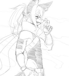 Rule 34 | 1boy, animal ear fluff, animal ears, arm tattoo, bare shoulders, belt, chromaticmuse, eyes visible through hair, fox ears, fox mask, greyscale, hatching (texture), leotard, long hair, male focus, mask, monochrome, mouth mask, original, profile, scarf, sketch, solo, tattoo, vambraces