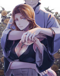 Rule 34 | 1boy, 1girl, black kimono, bleach, blue eyes, breasts, cleavage, collared jacket, floral background, high collar, holding hands, hug, hug from behind, ichimaru gin, interlocked fingers, jacket, japanese clothes, jewelry, kimono, large breasts, looking at viewer, matsumoto rangiku, mkr (wepn3428), mole, mole under mouth, necklace, parted bangs, parted lips, pink shawl, shawl, smile, white background, white jacket