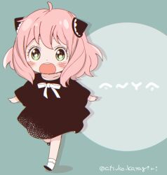 Rule 34 | 1girl, ahoge, anya (spy x family), artist name, black dress, black footwear, blush, bobby socks, bow, bowtie, character name, child, collarbone, commentary request, dress, eyelashes, green background, green eyes, hair between eyes, hairpods, katagiri atsuko, long sleeves, looking at viewer, medium hair, open mouth, pink hair, running, shoes, sidelocks, simple background, socks, solo, spy x family, standing, teeth, twitter username, upper teeth only, white bow, white bowtie, white socks, wide sleeves