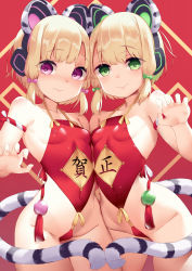 Rule 34 | 2girls, animal ear headphones, animal ears, arm strap, blonde hair, blue archive, blush, bow, breasts, cat ear headphones, chinese clothes, claw pose, clothes writing, covered erect nipples, covered navel, dudou, fake animal ears, green bow, green eyes, halterneck, headphones, highres, looking at viewer, midori (blue archive), mikan (bananoha), momoi (blue archive), multiple girls, nose blush, one-piece swimsuit, pink bow, purple eyes, red one-piece swimsuit, revealing clothes, rope, shimenawa, short hair, short hair with long locks, siblings, sidelocks, sisters, small breasts, swimsuit, tail, tiger ears, tiger tail, twins