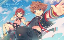 Rule 34 | 1boy, 1girl, blue eyes, copyright name, holding hands, jacket, jewelry, kairi (kingdom hearts), kingdom hearts, kingdom hearts iii, looking at viewer, midair, necklace, open clothes, open jacket, open mouth, red hair, short hair, sleeveless, smile, sora (kingdom hearts), spiked hair, thighs, v-neck, xpo917