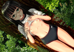 Rule 34 | 1girl, :o, ano hito, black hair, blush, breasts, clothes lift, dutch angle, flat chest, glasses, green eyes, long hair, navel, nipples, photo background, shirt lift, solo, standing