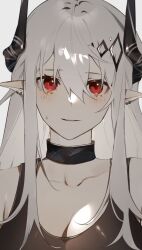 Rule 34 | 1girl, arknights, bare shoulders, black shirt, blush, breasts, cleavage, closed mouth, collar, collarbone, docchibii, ear piercing, grey hair, hair ornament, highres, horns, infection monitor (arknights), long hair, looking at viewer, medium breasts, mudrock (arknights), parted lips, piercing, pointy ears, red eyes, shirt, sidelocks, simple background, solo, sweatdrop, tank top, upper body, white background
