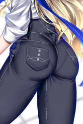 Rule 34 | 1girl, absurdres, artist request, ass, ass focus, blonde hair, blue scarf, denim, from behind, head out of frame, high-waist pants, highres, huge ass, jeans, kantai collection, long hair, looking at viewer, official alternate costume, pants, pantylines, pocket, richelieu (kancolle), scarf, see-through, shirt, simple background, skin tight, solo, white background, white shirt