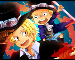Rule 34 | 1boy, blonde hair, ascot, dual persona, gloves, hat, male focus, multiple persona, one piece, pole, sabo (one piece), top hat, weapon