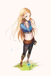 Rule 34 | 1girl, absurdres, black legwear, blonde hair, blue shirt, boots, braid, breasts, brown footwear, commentary request, elf, eyelashes, fingerless gloves, flower, forehead, full body, gloves, gold trim, green eyes, hand on own face, highres, long hair, long sleeves, looking at viewer, medium breasts, nintendo, pointy ears, princess zelda, shirt, silent princess, simple background, single braid, smile, solo, tan background, the legend of zelda, the legend of zelda: breath of the wild, undershirt