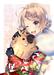 Rule 34 | 1girl, ;d, animal, animal hug, bad id, bad pixiv id, black gloves, blue eyes, blush, boar, braid, braided bangs, brown background, chinese zodiac, commentary request, floral print, fur collar, gloves, hair bun, hair ribbon, head tilt, japanese clothes, kagamine rin, kimono, light brown hair, one eye closed, open mouth, print kimono, red kimono, ribbon, shiomizu (swat), single hair bun, smile, solo, swept bangs, two-tone background, upper body, vocaloid, white background, white ribbon, year of the pig